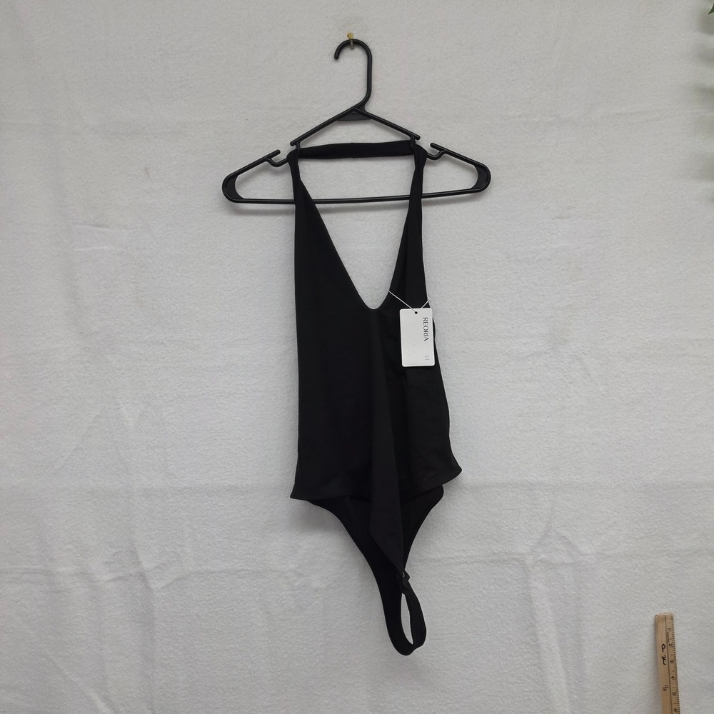 *NWT* Reoria Womens Black Deep V Neck Halter Bodysuit Sexy Snap Crotch